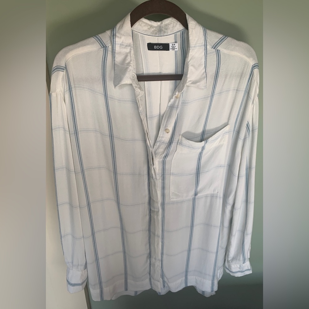 BDG Urban Outfitters Window Pane Tunic Button Up Top size S white/blue